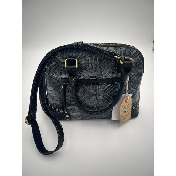 NWT Firenze Bella Leather Satchel Crossbody Bag Black & Gray Tooled Leather Art - Picture 2 of 16